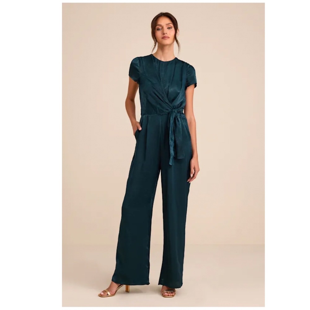 Lulus Let Me Entertain You Dark Green Satin Wide-Leg Jumpsuit Size XL